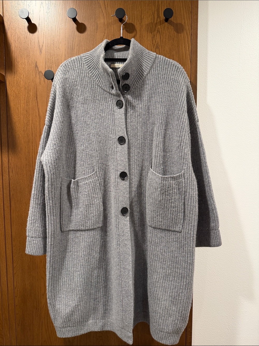 Oversized Gray Button-Front Knit Cardigan with High Collar